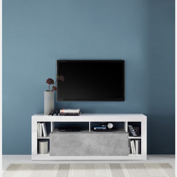 Conveniente Porta TV moderno 1 ribalta, colore Bianco lucido e Cemento