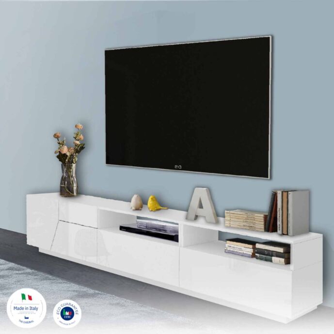 Nuovo Porta TV geometrico larghezza 200 cm, Bianco Lucido