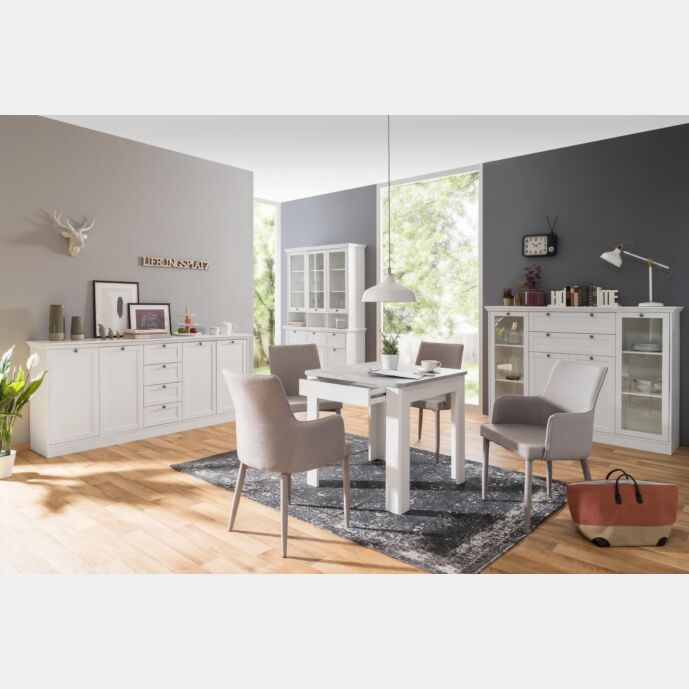 Tavolo moderno quadrato con cassetto, finitura Bianco con piano Cemento