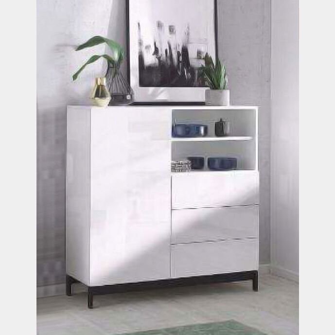 Madia di design, 3 cassetti, 1 anta e 2 vani a giorno, finitura bianco lucido