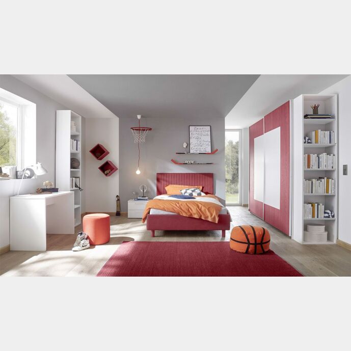 Cameretta completa per ragazzi, letto con testiera imbottita e armadio scorrevole, finitura rosso