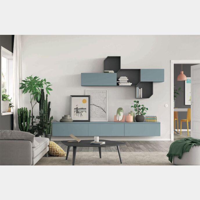 Parete attrezzata moderna in finitura Grigio titanio e Rovere gesso