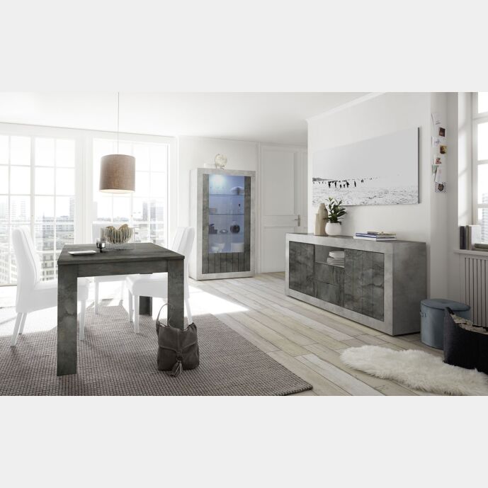 Sala completa di design con Madia, Vetrina e Tavolo, finitura cemento e ossido