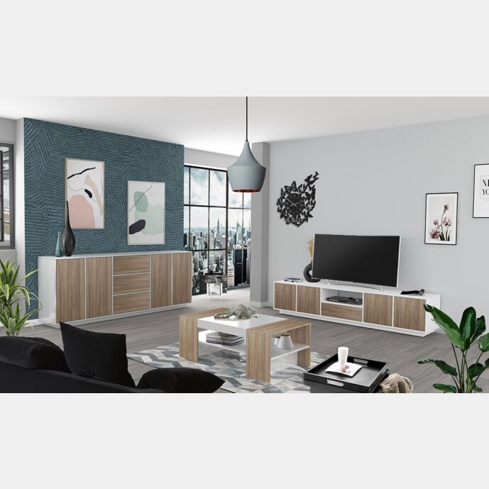 Sala moderna completa finitura noce caracalla e bianco lucido