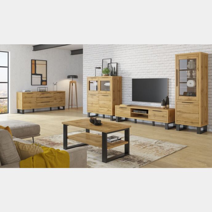 Soggiorno completo : 2 vetrine, madia, porta TV e tavolino basso finitura quercia