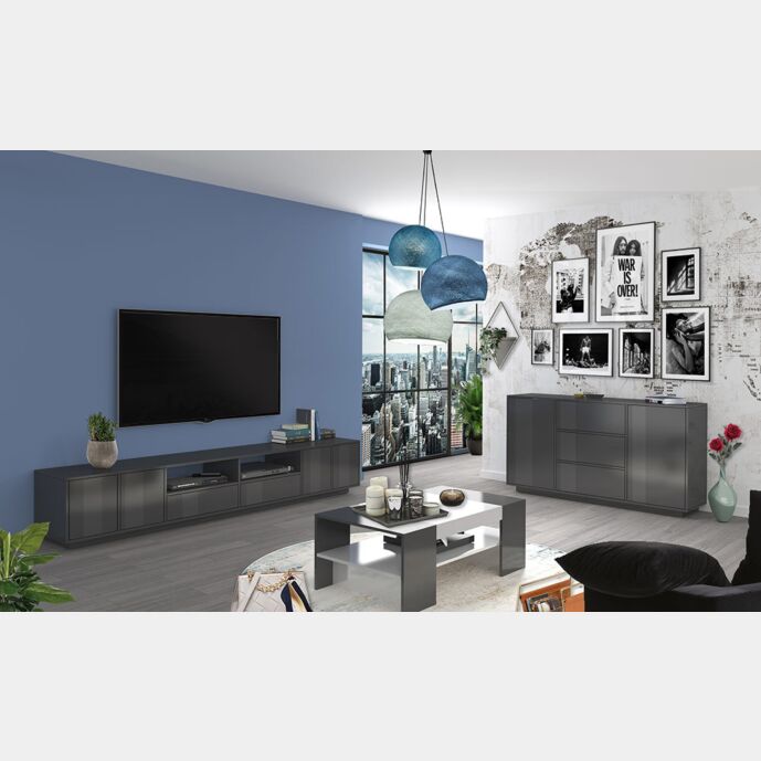 Zona giorno antracite lucido formata da madia 2 ante e 3 cassetti e spazioso porta TV