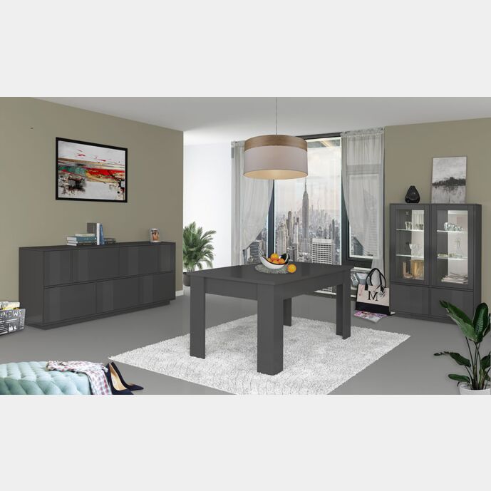 Sala da pranzo formata da vetrina e credenza laccato antracite lucido