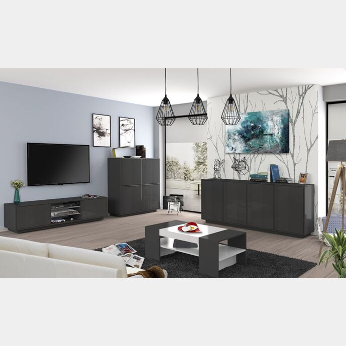 Zona giorno composta da madia alta, porta TV e madia 4 ante antracite laccata lucida 