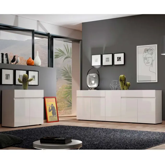 Sala moderna composta da 2 credenze di design, finitura Bianco lucido