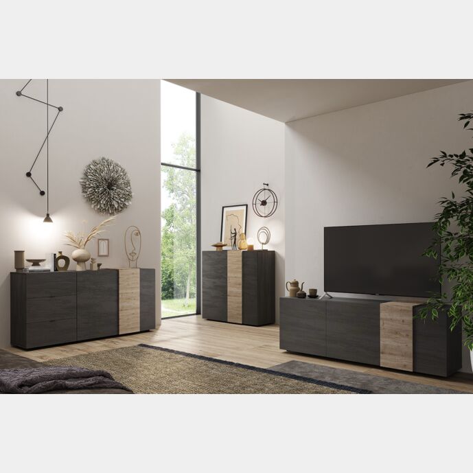 Soggiorno moderno, 2 madie e porta tv, Kadiz e Titanio