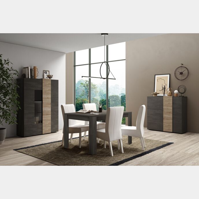 Soggiorno moderno, 1 madia,1 vetrina e 1 tavolo, Kadiz e Titanio Zenzero Shop