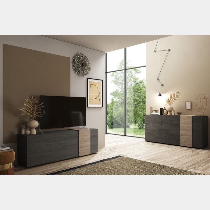 Soggiorno moderno composto da madia e porta tv, titanio