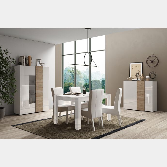 Soggiorno composta da 1 madia,1 vetrina e 1 tavolo, Kadiz e Bianco lucido