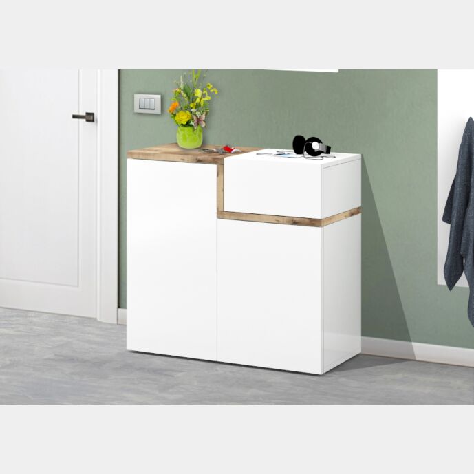 Scarpiera 2 ante, 1 anta ribalta bianco lucido e pero, made in Italy