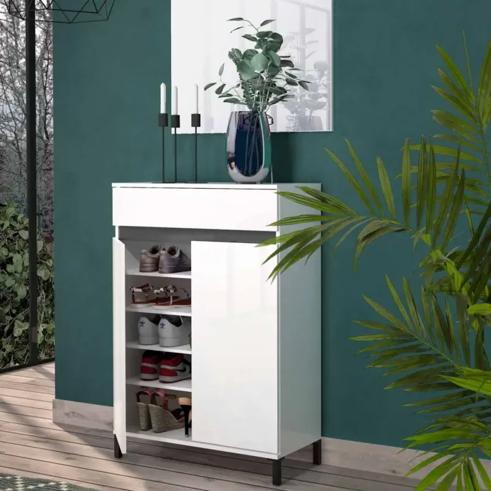 Scarpiera 2 ante e 1 cassetto, Bianco lucido con dettaglio Ardesia