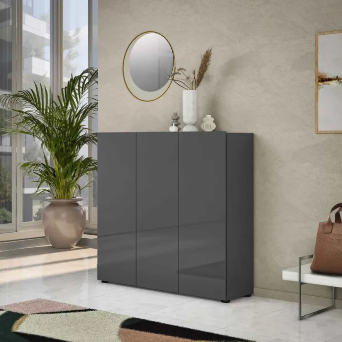 Elegante Scarpiera 3 ante finitura Antracite Lucido, Made in Italy