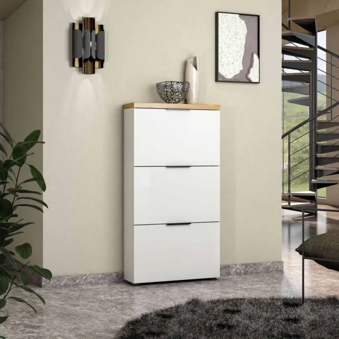 Scarpiera 3 ribalte, Bianco lucido e Rovere chiaro 