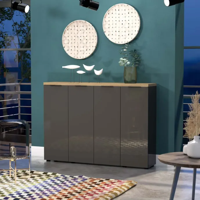 Scarpiera alta 4 ante Antracite lucido con piano Rovere miele