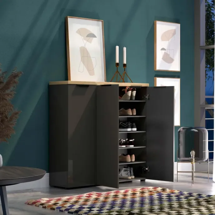 Scarpiera alta 3 ante Antracite lucido con piano Rovere miele