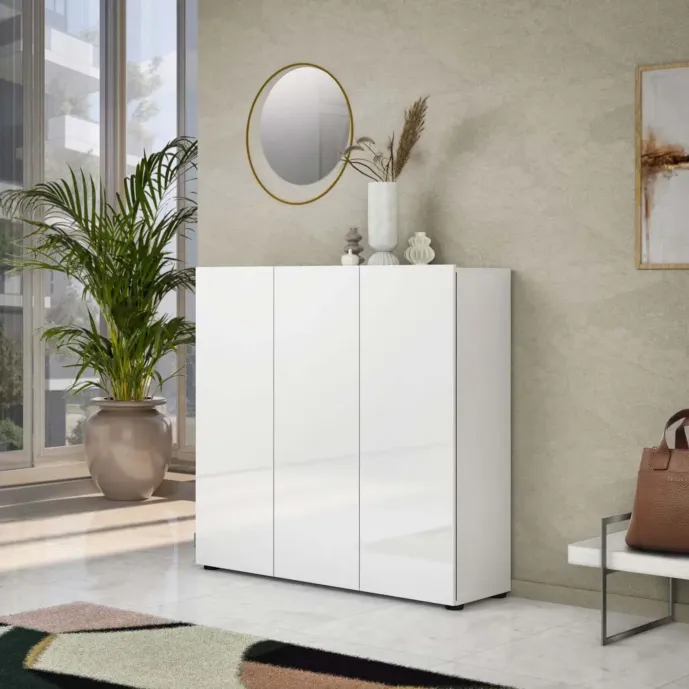 Capiente Scarpiera 3 ante finitura Bianca Lucido, Made in Italy