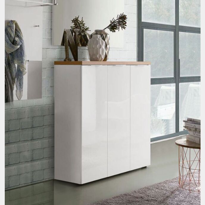 Scarpiera 3 ante, Bianco laccato lucido e Castagno, pronta consegna