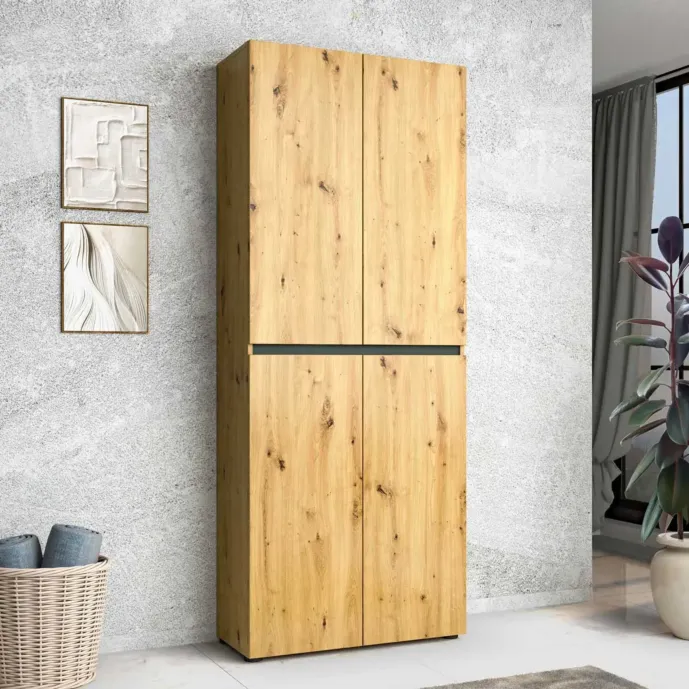 Scarpiera salvaspazio alta a 4 ante con 10 ripiani, finitura Rovere Artisan