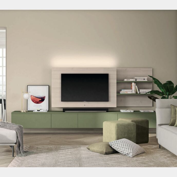 Parete attrezzata con pannelli attrezzati in finitura Noce brina e Oliva