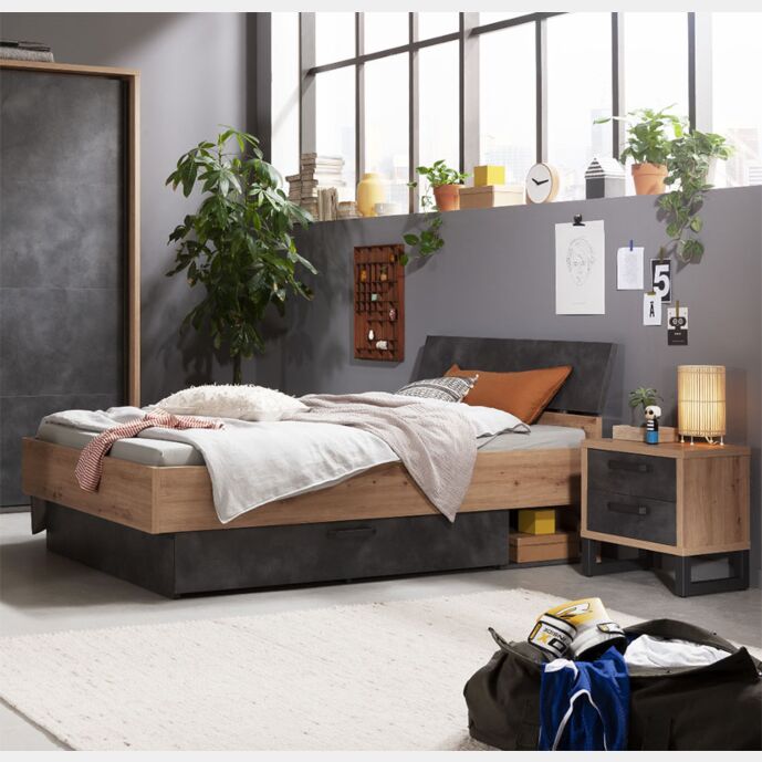 Letto una piazza e mezza Industry con testata ricurva in finitura Rovere e Grigio smoke