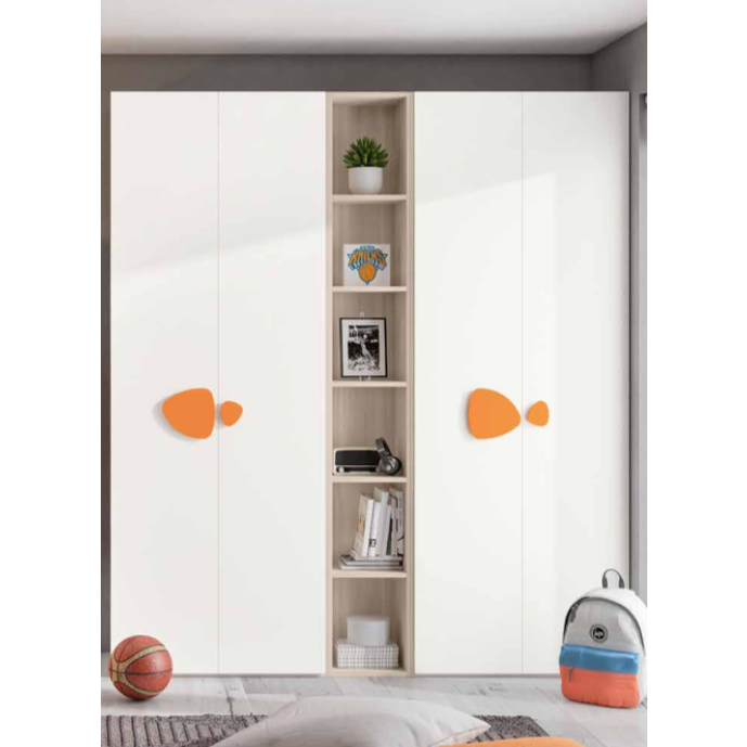 Armadi battenti con libreria 5 ripiani, finitura Bianco, Olmo natura e Arancio