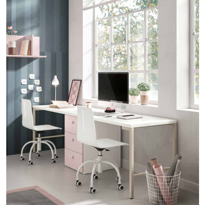 Scrivania doppia per camerette con piana Bianca e Cassettiera Rosa confetto Zenzero Shop