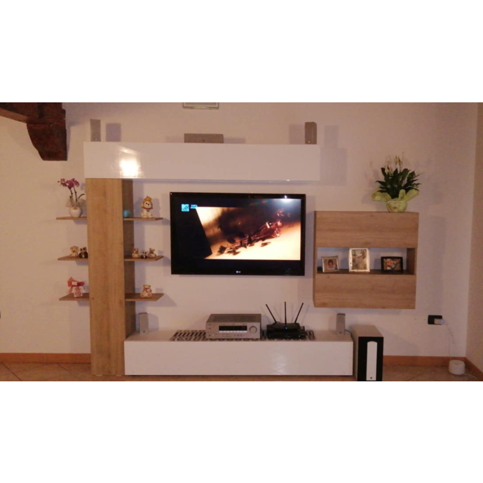 Parete con pensili, libreria e vano a giorno, Bianco Laccato Lucido e Rovere cadiz