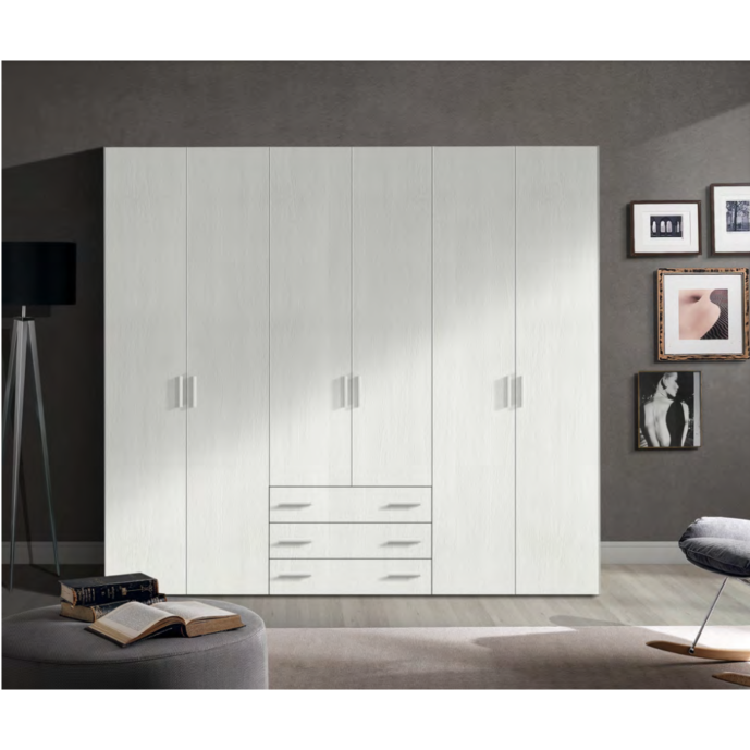Armadio moderno con 3 cassetti e 6 ante battenti in finitura Bianco kiri