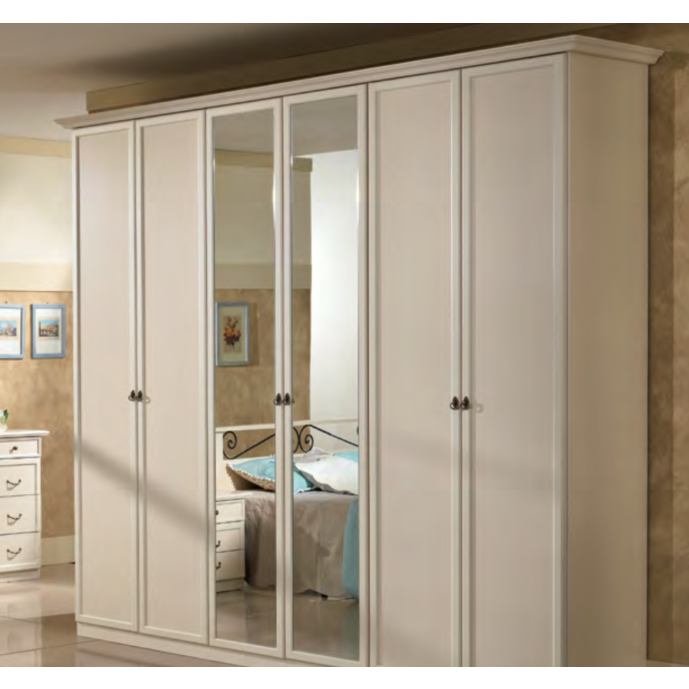 Armadio classico con 6 ante battenti e specchio centrale in finitura Beige patinato