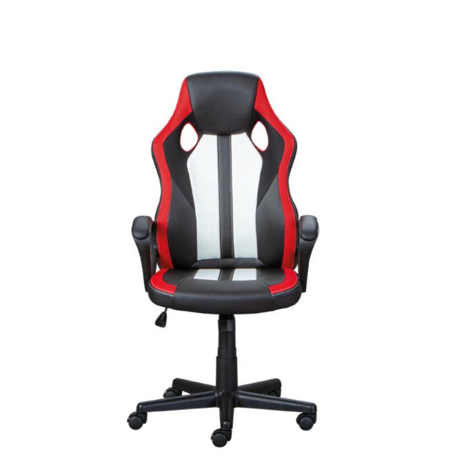 Poltrona da gaming di colore nero, rosso e bianco