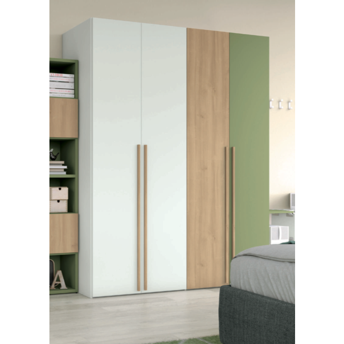 Armadio moderno con 4 ante battenti in finitura Bianco opaco, Royal Oak e oliva
