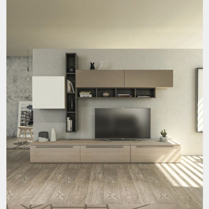 Parete attrezzata Olmo Perla con frontali e elementi sospesi in finitura Bianco seta e Visone e librerie color Fango