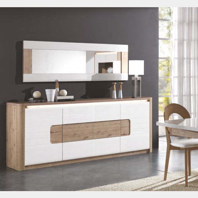 Madia 4 ante e 1 cassetto, bianco laccato e rovere wellington, made in Italy