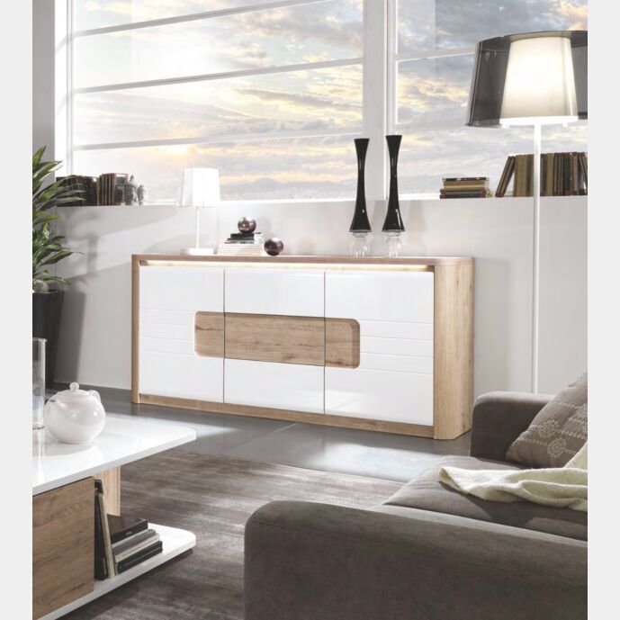 Madia 2 ante e 3 cassetti, bianco laccato e rovere wellington, made in Italy