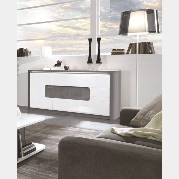 Madia 2 ante e 3 cassetti, bianco laccato e grigio, made in Italy