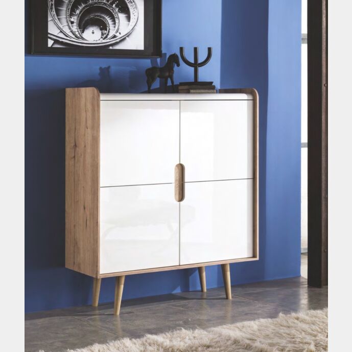 Madia alta con piedini, rovere wellington e bianco lucido