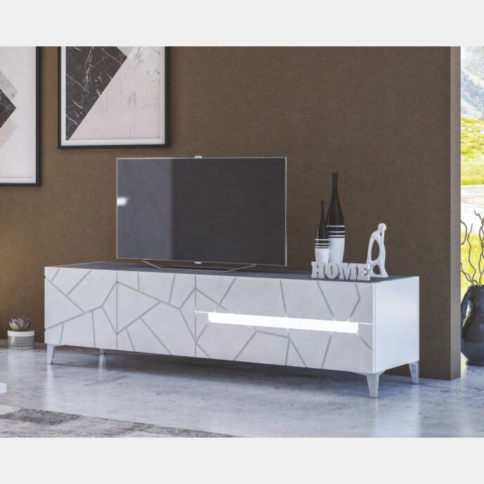 Porta TV a 2 ante, 1 cassetto e 1 ribalta, con dettagli geometrici