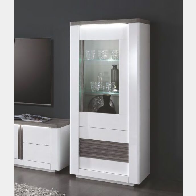 Vetrina colonna 2 ante, bianco lucido e rovere adamello