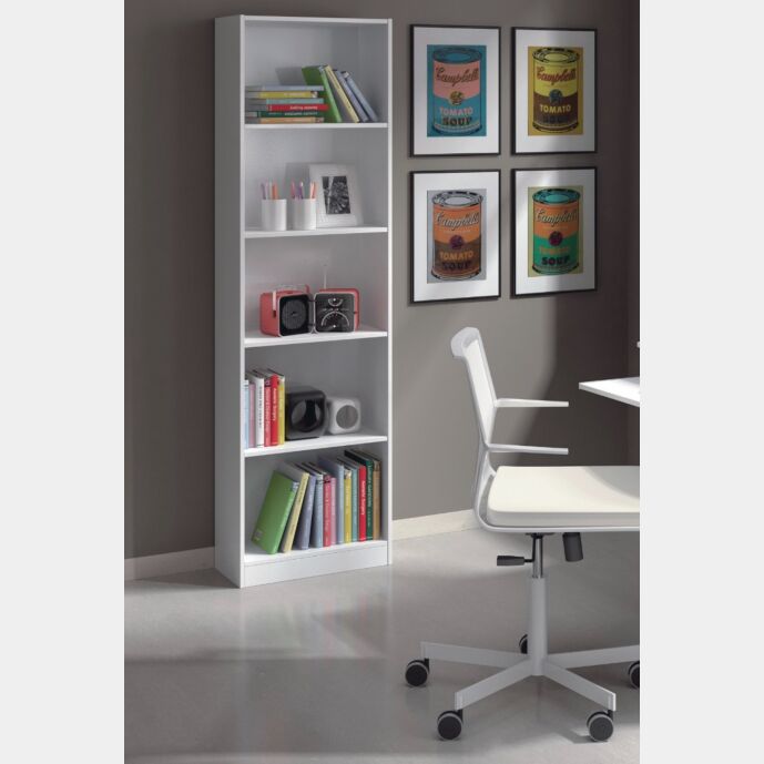 Libreria alta moderna, 4 ripiani, finitura bianco opaco