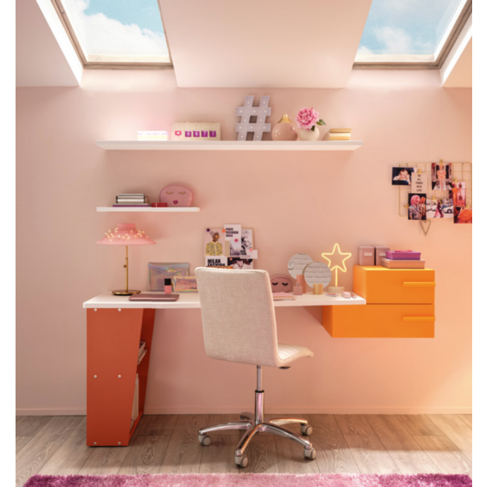 Scrivania moderna per camerette Moretti Compact, finitura Bianco e Mandarino laccato
