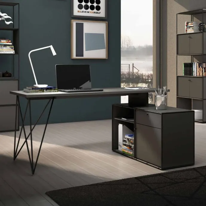 Scrivania moderna con cassettiera integrata, Grigio laccato