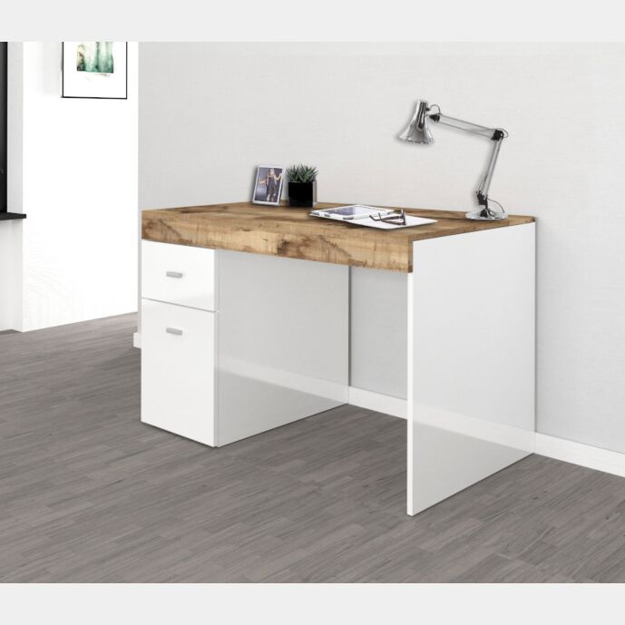 Scrivania 1 anta e 1 cassetto bianco lucido e pero, made in Italy