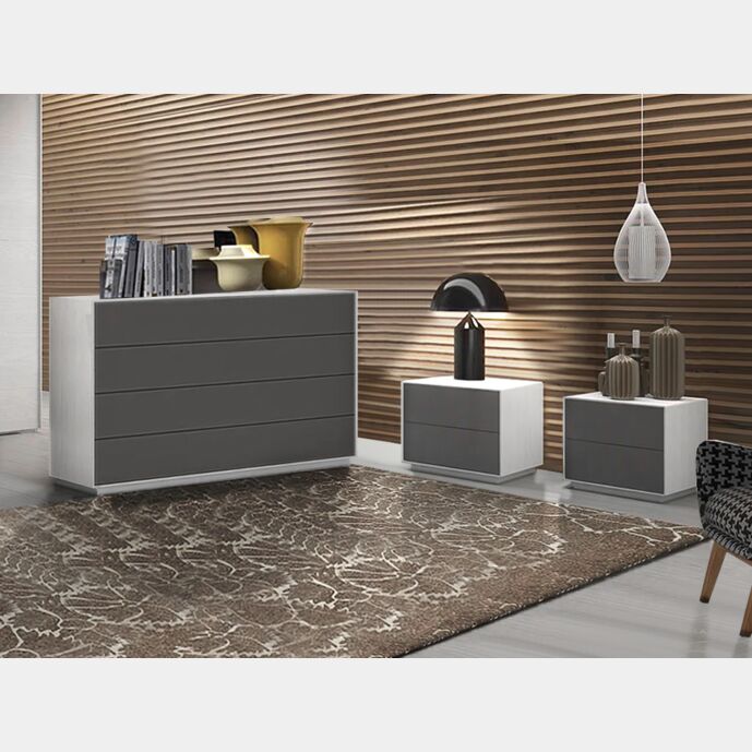 Set moderno composto da comodini e comò 4 cassetti, Grigio scuro e Frassino gesso