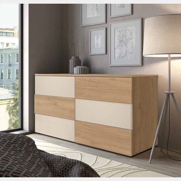 Comò moderno 6 cassetti, finitura Noce biondo e Orzo