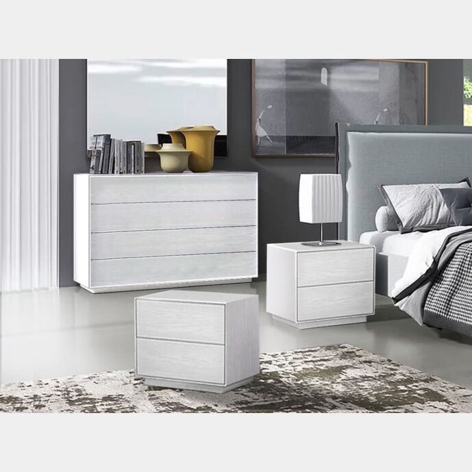 Set moderno composto da comodini e comò 4 cassetti, Frassino gesso