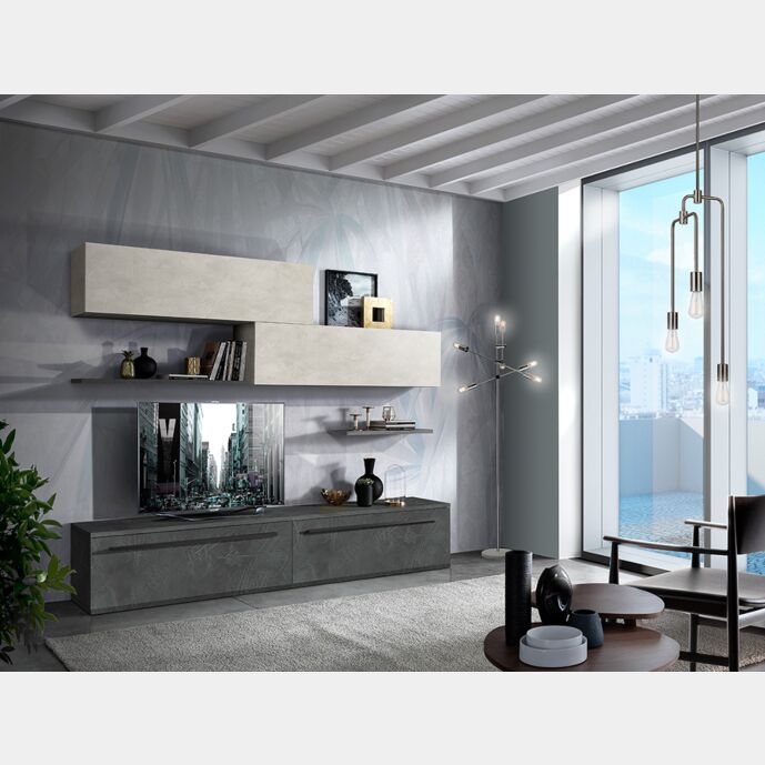 Parete attrezzata di design Made in Italy, con finitura in Resina dark e Argilla